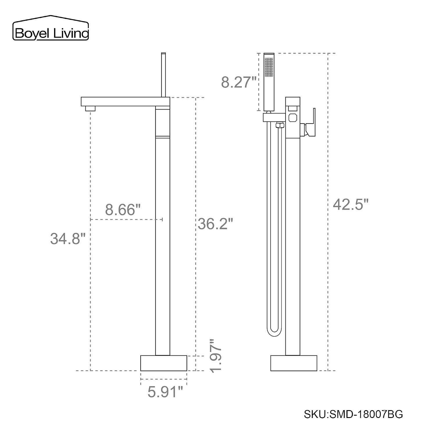 Boyel Living Freestanding Bathtub Faucet Tub Floor Mount Single Handle Filler Faucet with Hand Shower Brushed Gold