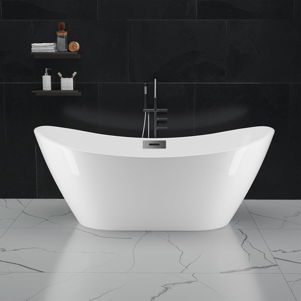 IDEALHOUSE 67' Acrylic Freestanding Bathtub Contemporary, Soaking Tub, CUPC Certified Stand Alone Tub with Non-Slip Base, Chrome Drain & Overflow, for Home Spa Relaxation(White-Sky)