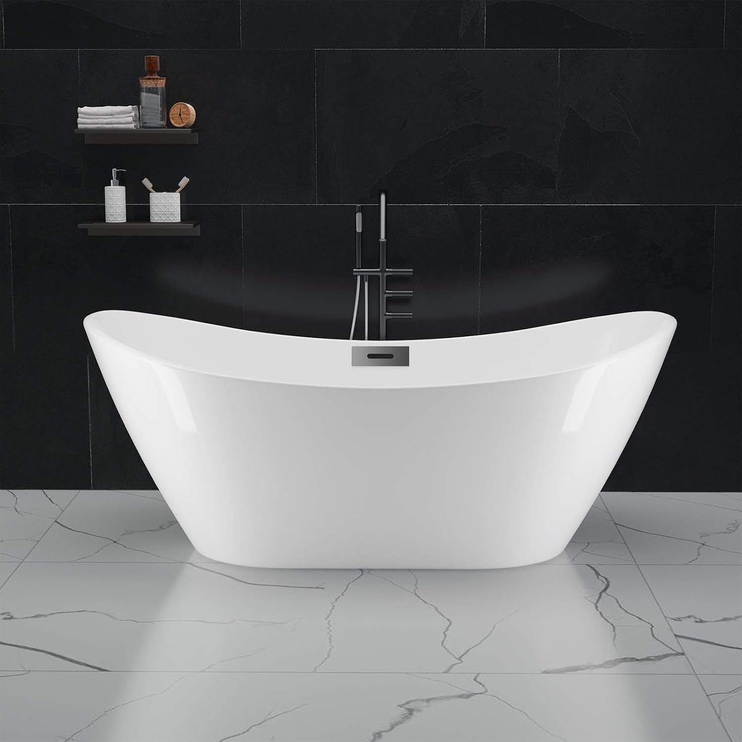IDEALHOUSE 67' Acrylic Freestanding Bathtub Contemporary, Soaking Tub, CUPC Certified Stand Alone Tub with Non-Slip Base, Chrome Drain & Overflow, for Home Spa Relaxation(White-Sky)