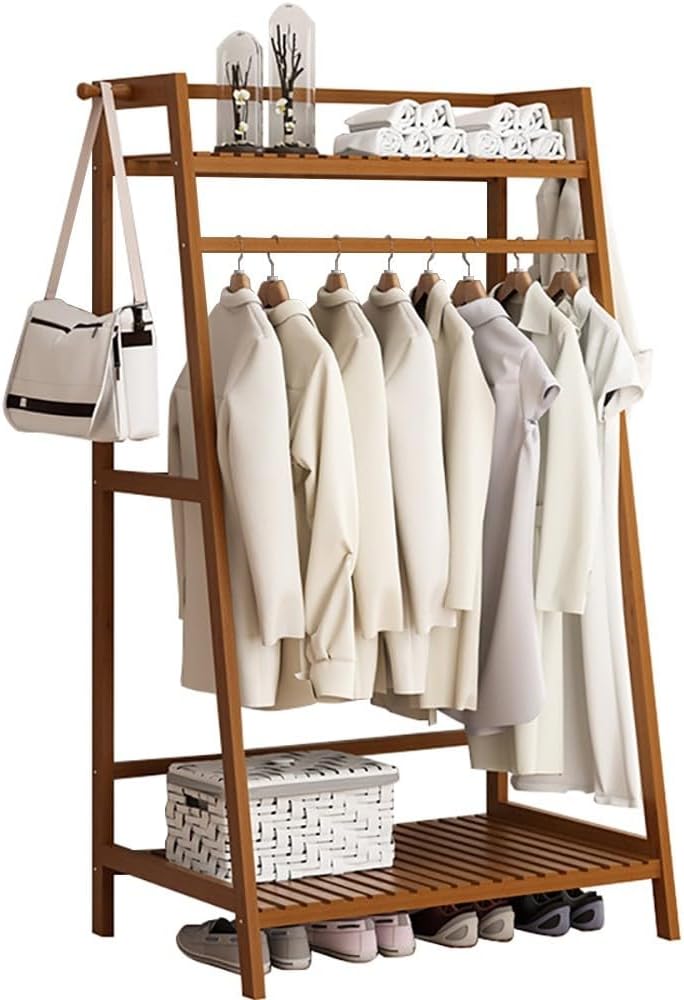 Floor-Standing Solid Wood Rotating Coat Rack，Bamboo Coat Rack Stand with Hanging Rod - Freestanding Trapezoid Clothing Hanger for Bedroom & Hallway - Stylish Garment Storage Solution, Space-