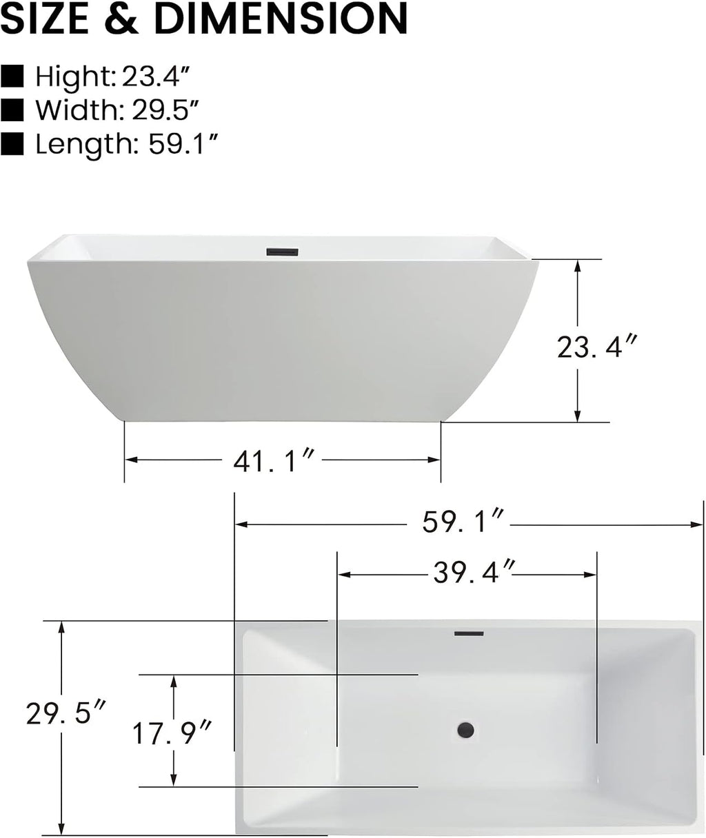 HomeBeyond 59 Inch Free Standing Bathtub | Acrylic Freestanding Soaking Tub deal for Spa-Like Baths, Modern Bathroom Stand Alone Tub Suitable for Couples, Singles, and Families, White
