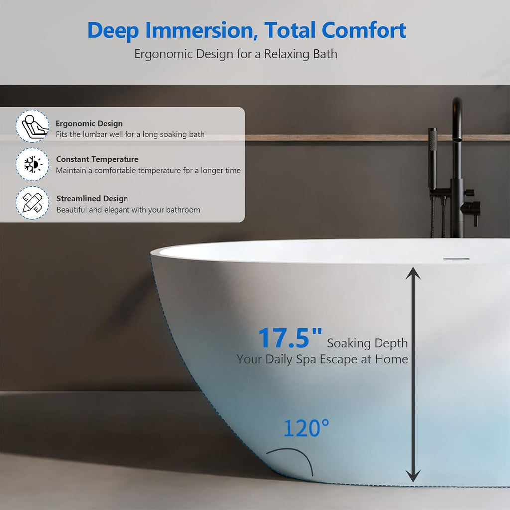 55″ Freestanding Solid Surface Bathtub, Oval Thick Edge Matte White Stone Resin Stand Alone Soaking Tub, Ergonomic Free standing Flatbottom Tubs with Overflow, Pop-up Drain (Matte White, 55')