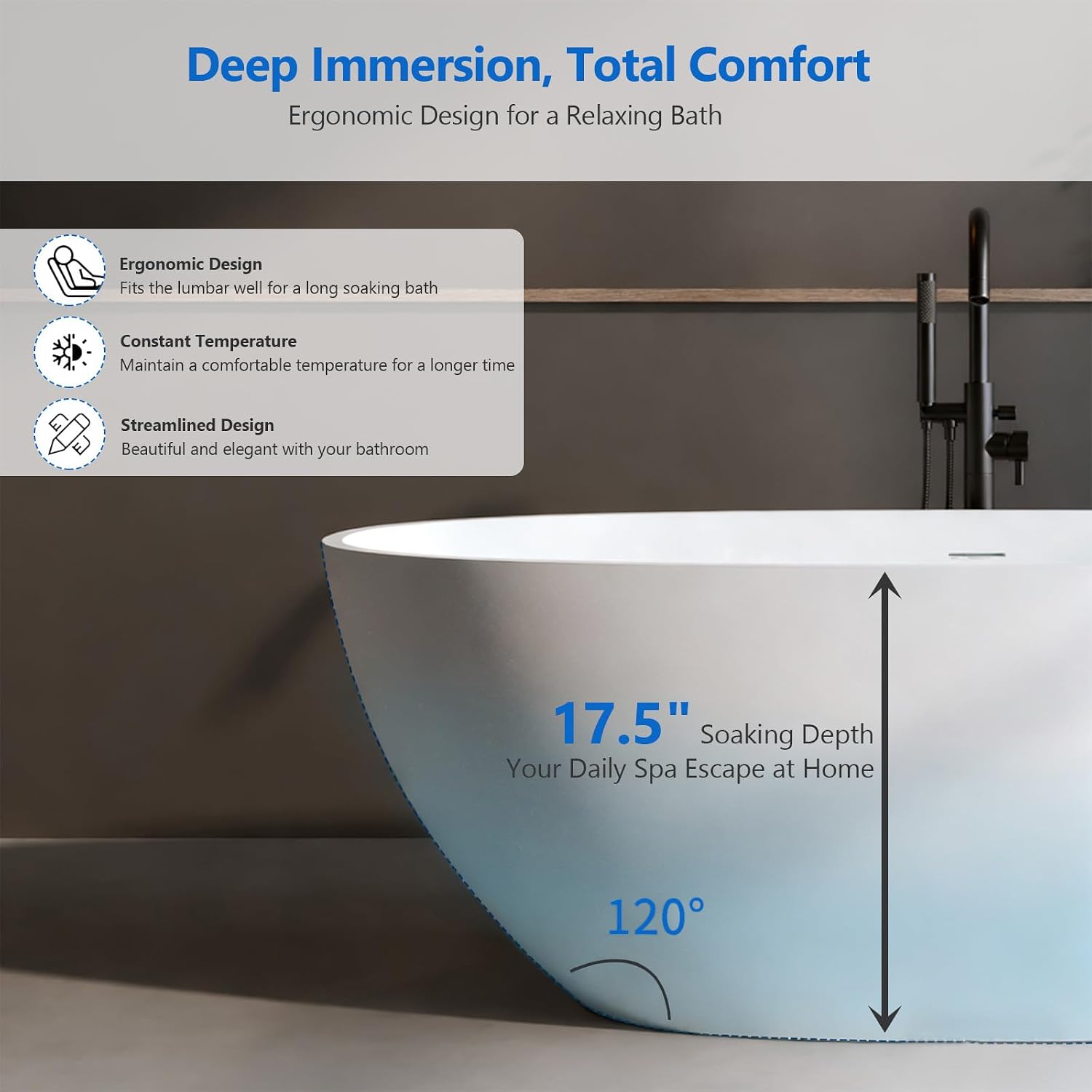55″ Freestanding Solid Surface Bathtub, Oval Thick Edge Matte White Stone Resin Stand Alone Soaking Tub, Ergonomic Free standing Flatbottom Tubs with Overflow, Pop-up Drain (Matte White, 55')