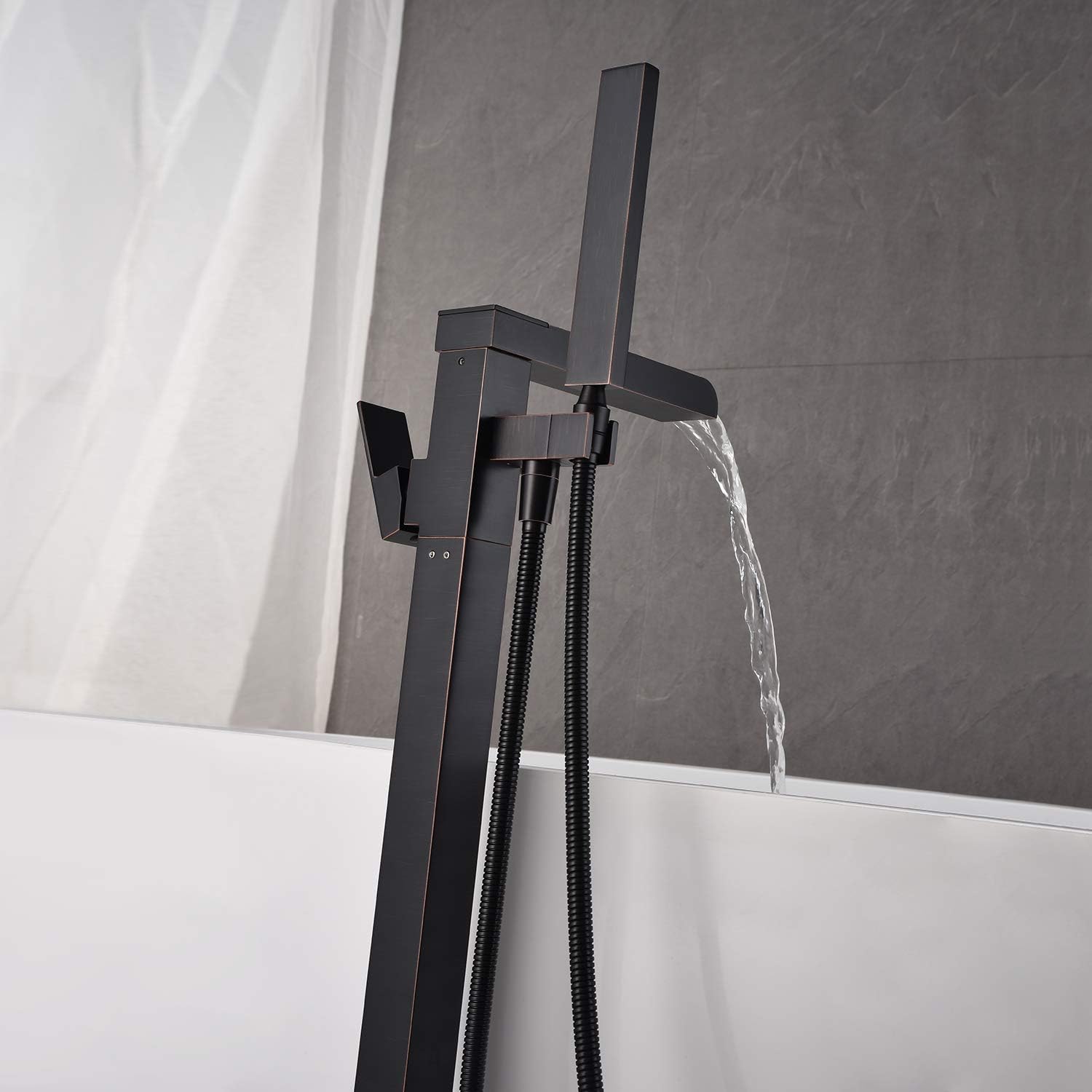 Wowkk Freestanding Bathtub Faucet Tub Filler Waterfall Single Handle Oil Rubbed Bronze Floor Mounted Faucets with Handheld Shower