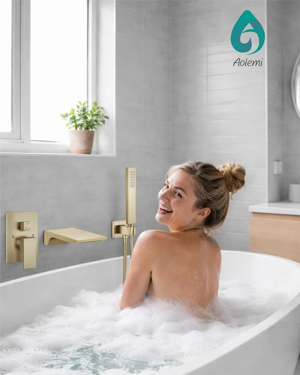 Aolemi Wall Mount Bathtub Faucet,Tub Faucet Set Waterfall Wall Mounted Tub Filler with Handheld Sprayer Single Handle,Brushed Gold