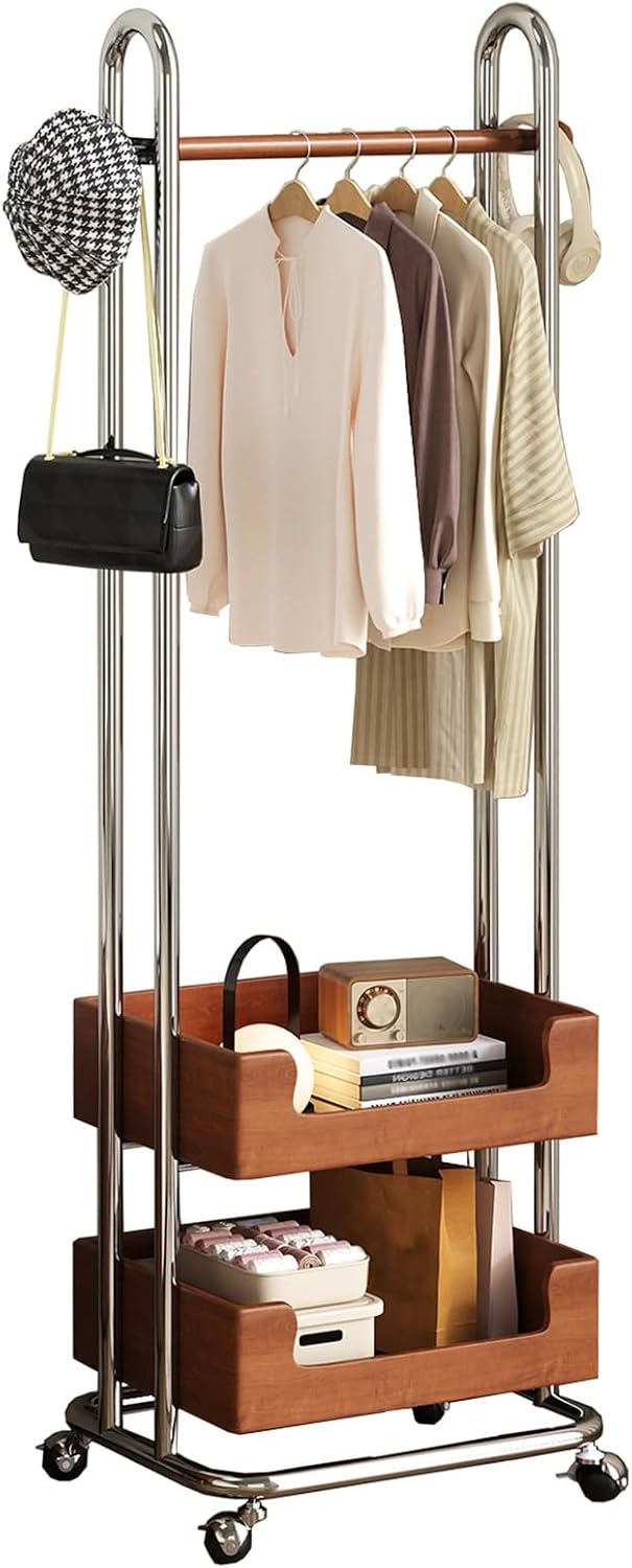 Rolling Clothing Racks With Side Hooks,Metal Clothes Rack With 2 Storage Basket,solid Wood Hanging Rod,Freestanding Garment Rack For Bedroom Living Room(53cm/20.8in)