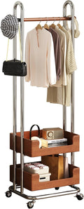 Rolling Clothing Racks With Side Hooks,Metal Clothes Rack With 2 Storage Basket,solid Wood Hanging Rod,Freestanding Garment Rack For Bedroom Living Room(73cm/28.7in)