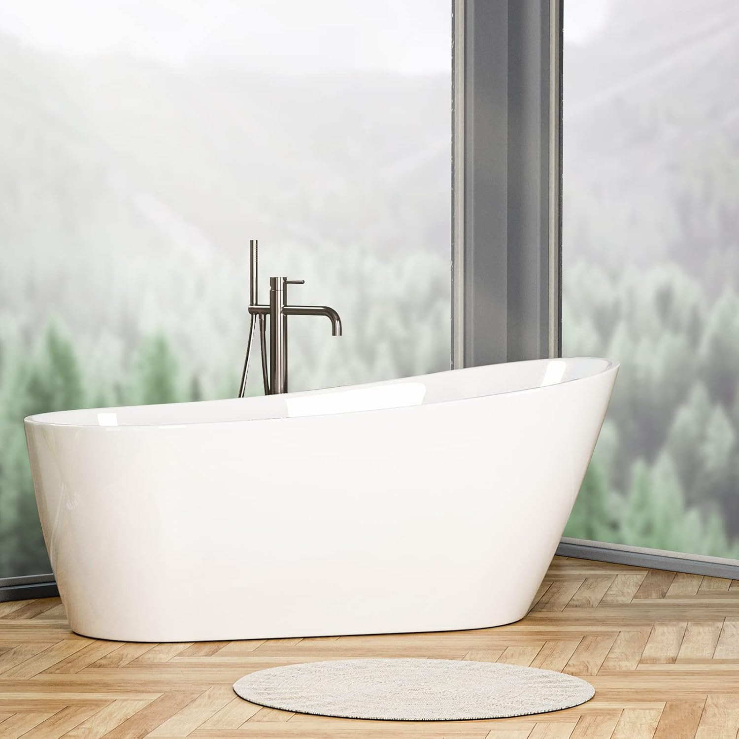 Zevemomo 55' Acrylic Freestanding Bathtub, White Soaking Tub with Brushed Nickel Overflow and Drain, Freestanding tub with Non-slip Design, cUPC Certified
