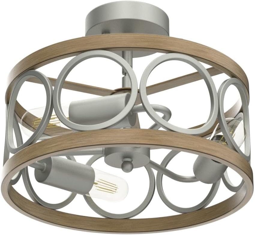 XINGQI 13' Modern 3-Light Brushed Nickel Rustic Semi Flush Mount Ceiling Light Fixture Wood Grain Metal Round Lamp for Kitchen Dining Room Bedroom Entryway