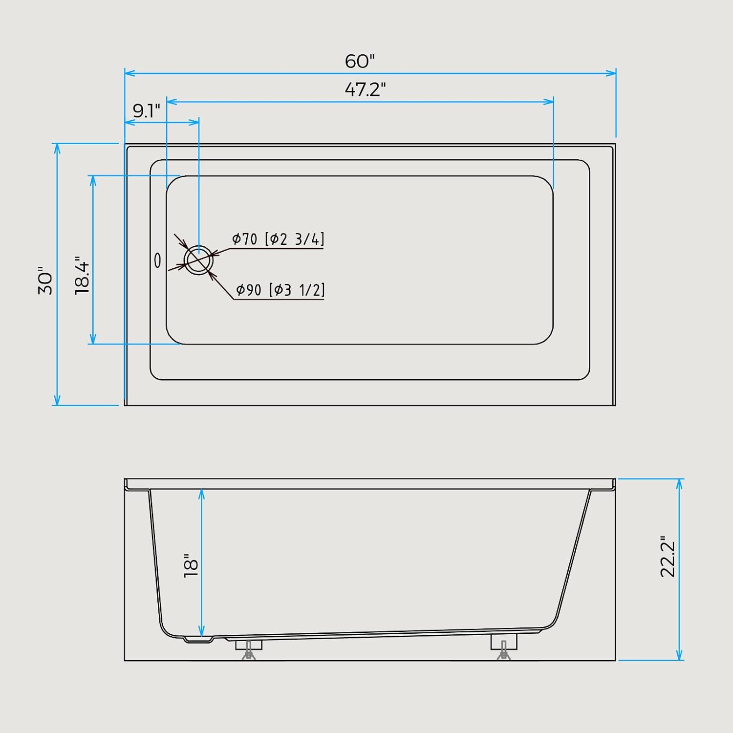 Alcove Bathtub 60x30 Inches - Built-in Apron & Brushed Nickel Drain | Left Drain Configuration | Gloss White Acrylic Soaking Tub