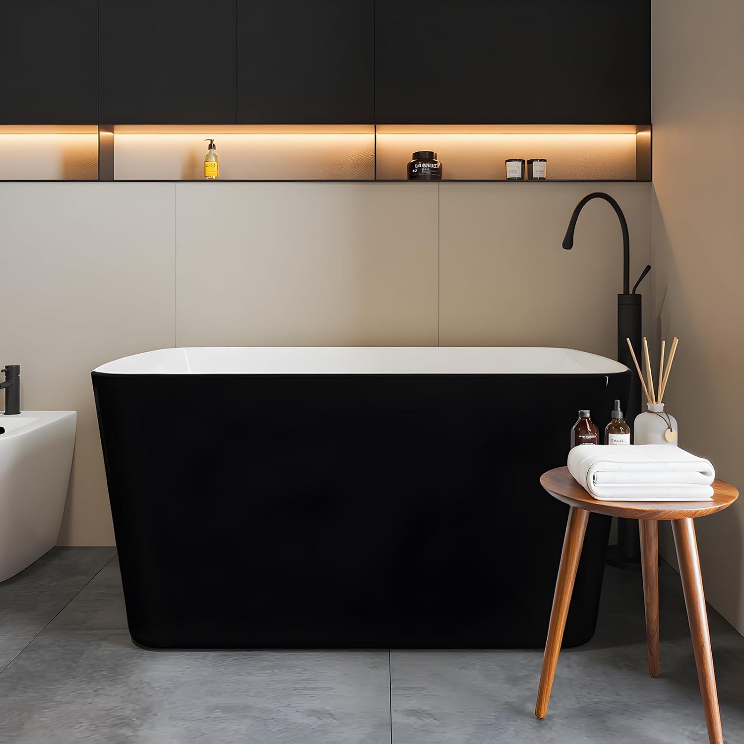 49' Freestanding Acrylic Bathtub, Japanese Square Soaking Tub with Built-in Seat, Toe-Tap Drain & Slotted Overflow, CUPC Certified Black Standalone Tub for Modern Bathroom