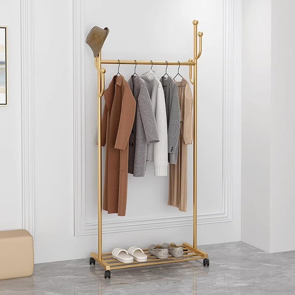 Heavy duty Garment rack Modern Golden Clothing Rack On Wheel, Freestanding Metal Coat Rack With Hooks And Shelves, Space-saving Coats Hanger Stand For Hanging Clothes, Bedroom Clothes Organizer ( 60X