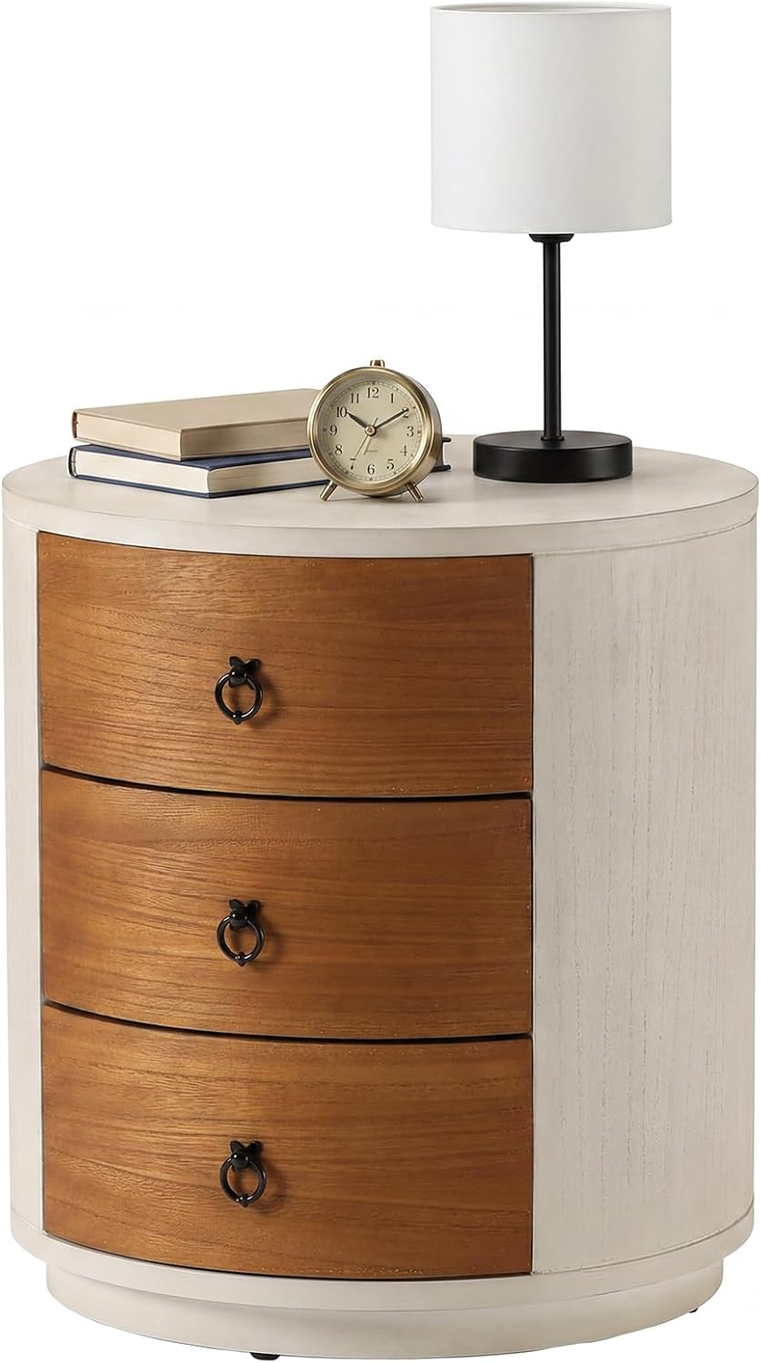 HOMPUS Fully Assembled Round Nightstand, 3 Drawer Chest of Drawers, Wood Rustic Farmhouse Dresser, Retro Modern Night Stand, Wood Rustic Farmhouse Dresser with Drawers for Bedroom, Brown + White