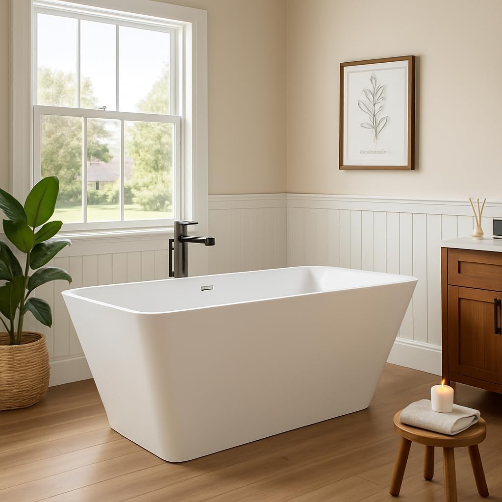 GarveeTech 59 in Acrylic Freestanding Bathtub, Modern Rectangular Soaking Tub, Glossy White, CUPC Certified, Easy Installation, Chrome Drain & Linear Overflow, Stand Alone Bath Tub