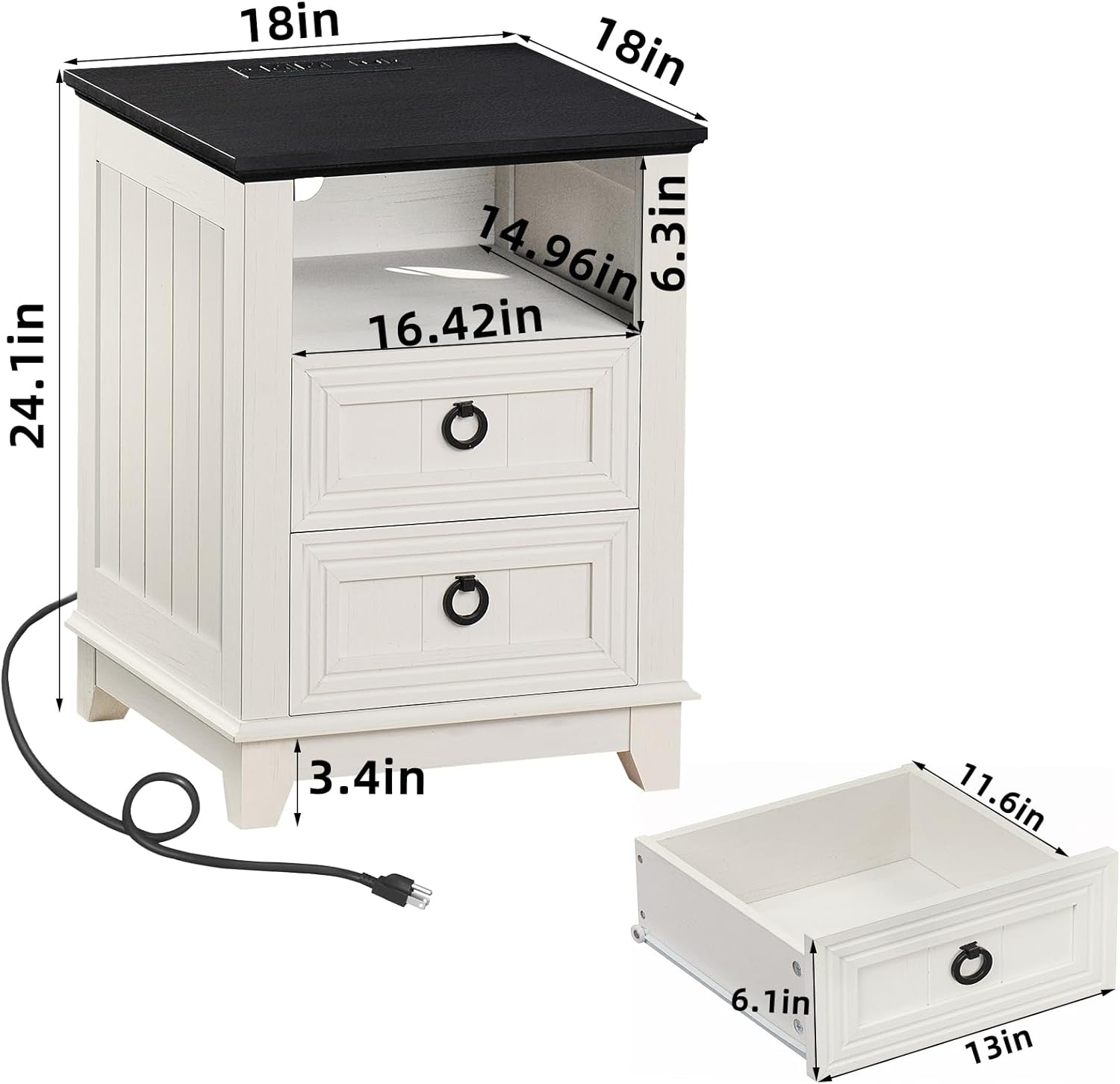 Joaxswe 18' Farmhouse Night Stands Set of 2 with Charging Station, 2 Drawers End Table Dresser for Bedroom， Wooden Nightstand, Bed Side Table with Open Shelf, Bedside Cabinet for Living Room（White）