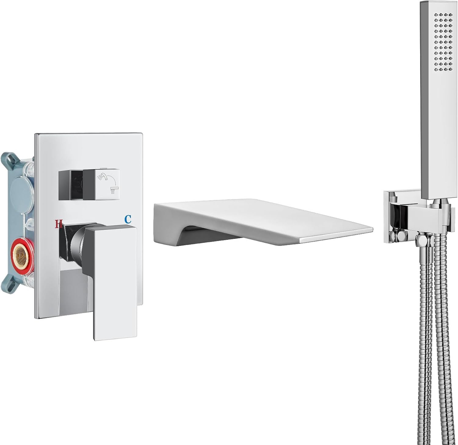 Airuida Wall Mount Tub Faucet with Waterfall Tub Spout Wall Mounted Bathtub Faucet with Handheld Shower Single Handle Tub Filler Shower Faucet Set with Rough-in valve Straight Spout Chrome Polish