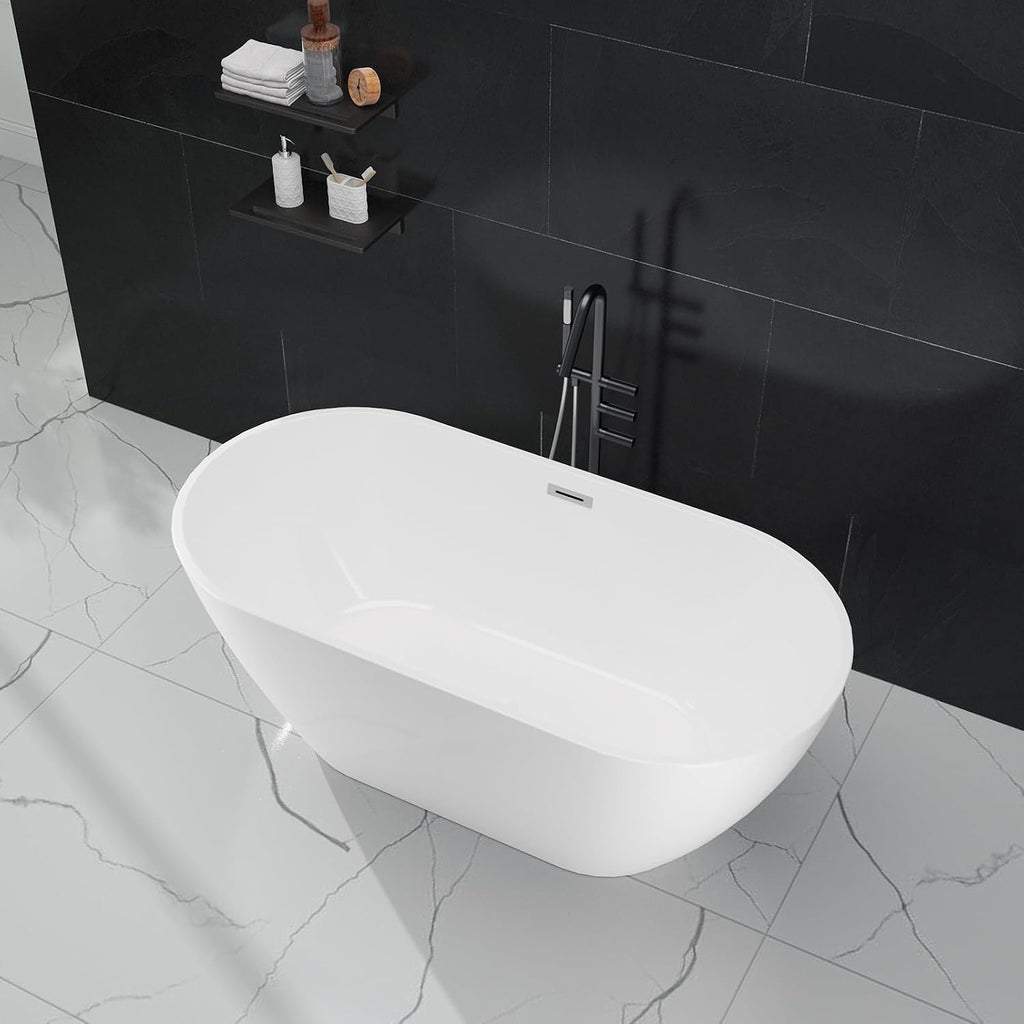GarveeTech 67' Acrylic Freestanding Bathtub - Oval Soaking Tub with Chrome Drain, Stand alone Bathtub for Bathroom Spa,White