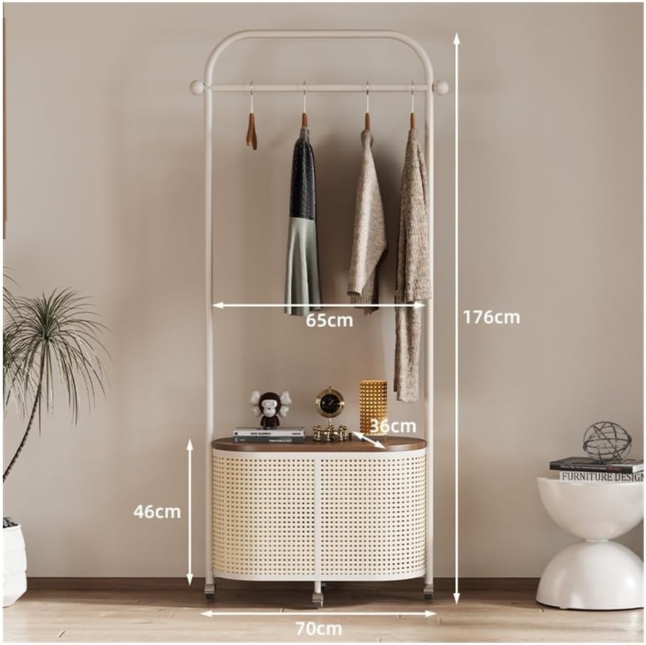 Coat Stand Vintage Style Freestanding Garment Rack with Removable Wicker Laundry Basket - Bedroom Clothes Hat Stand for Retro Storage and Hanging(White)