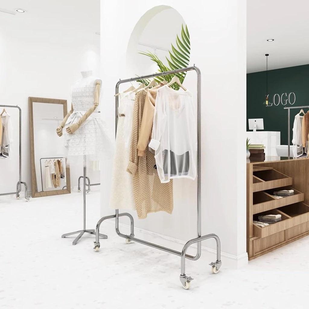 Heavy Duty Coat Rack, Garment Rack Heavy Duty Clothing Rack On Wheels Commercial Rolling Clothes Rack for Hanging Clothes Load 280lbs Silver Stainless Steel Coat Rack for Bedrooms (150X40X160CM)