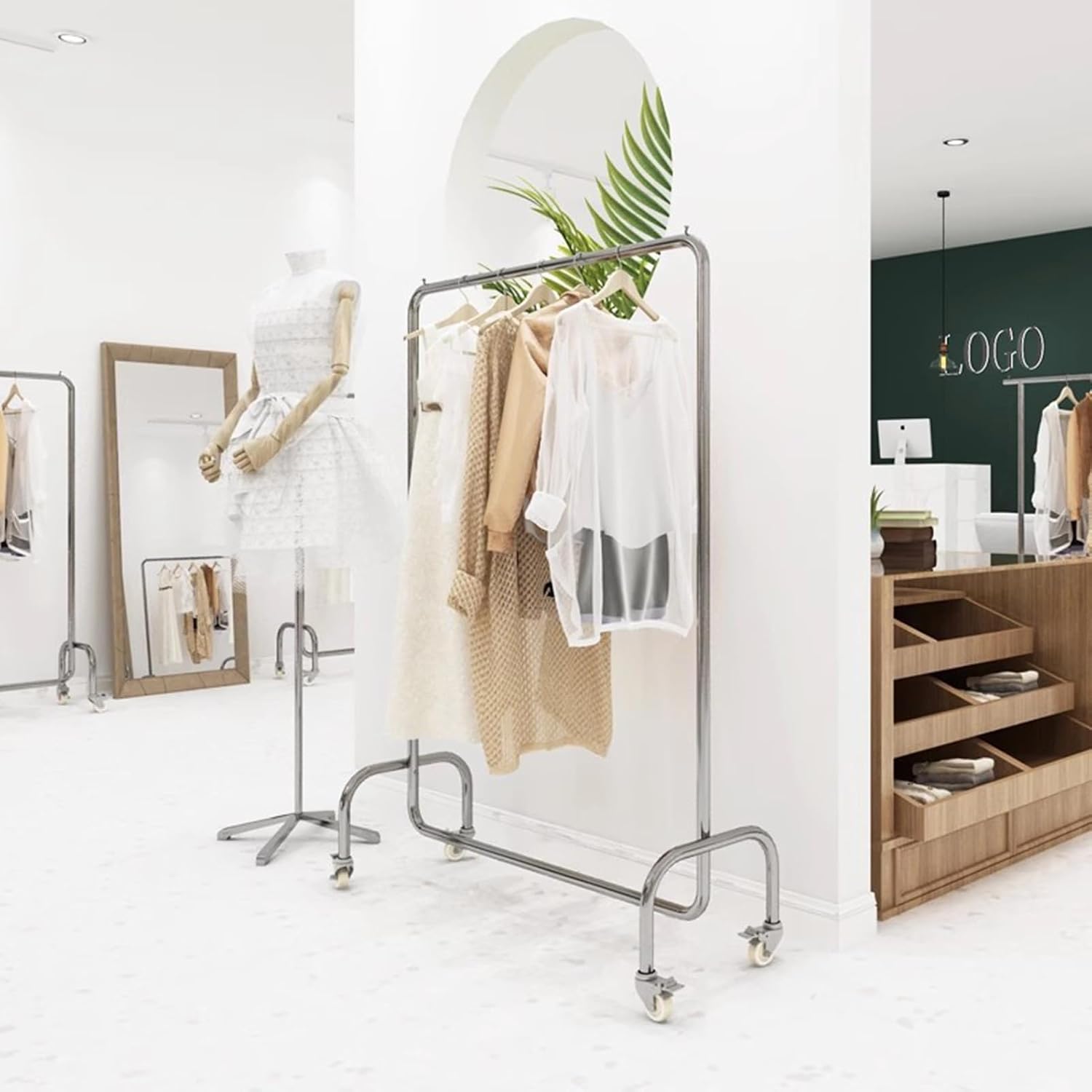 Heavy Duty Coat Rack, Garment Rack Heavy Duty Clothing Rack On Wheels Commercial Rolling Clothes Rack for Hanging Clothes Load 280lbs Silver Stainless Steel Coat Rack for Bedrooms (150X40X160CM)