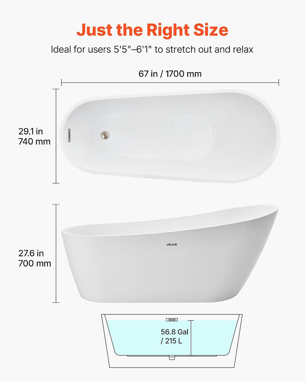 VEVOR Acrylic Freestanding Bathtub, 67 Inch Contemporary Soaking White Tub with Brushed Nickel Overflow and Drain, Elegant Oval Shape Stand Alone Soaker Bathtub for Modern Bathroom or Remodel Project