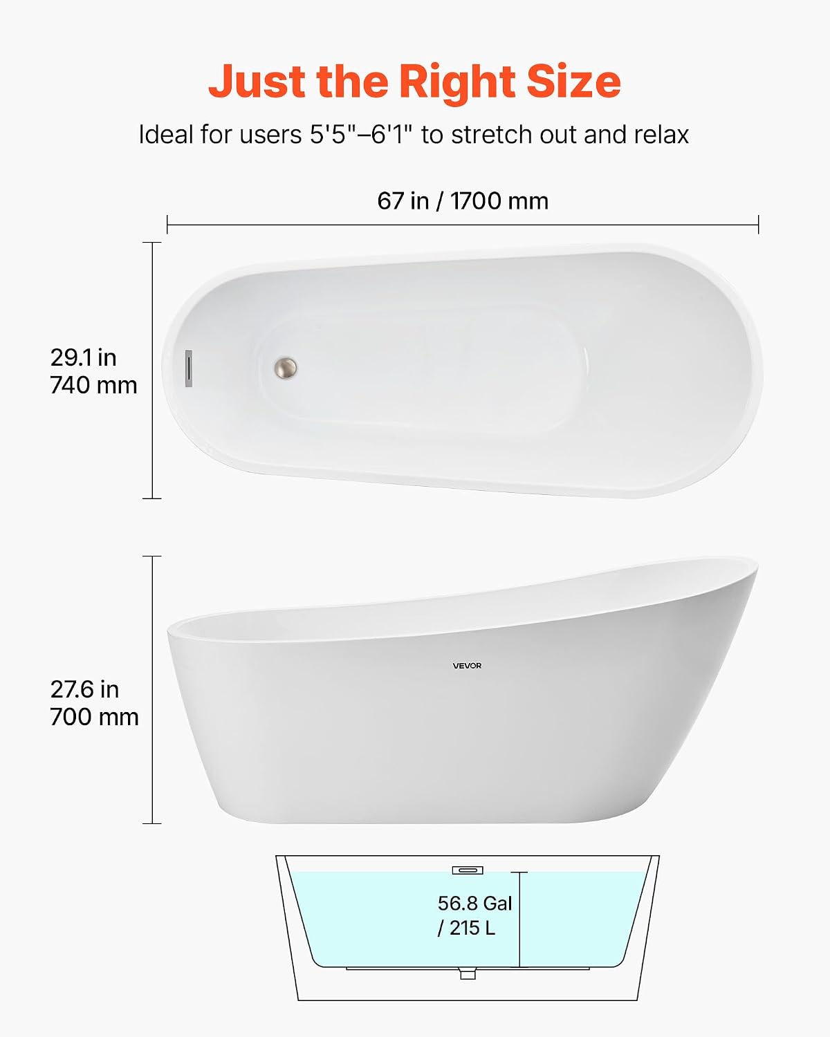 VEVOR Acrylic Freestanding Bathtub, 67 Inch Contemporary Soaking White Tub with Brushed Nickel Overflow and Drain, Elegant Oval Shape Stand Alone Soaker Bathtub for Modern Bathroom or Remodel Project