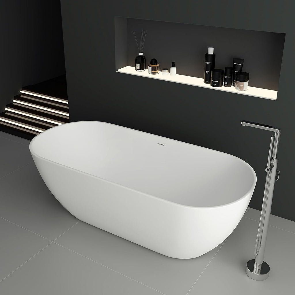 SJ STAR&JANE 69' Solid Surface Freestanding Bathtub, Matte White Oval Stone Resin Soaking Tub Stand Alone Tub with Overflow and Pop-up Drain for Modern Bathrooms