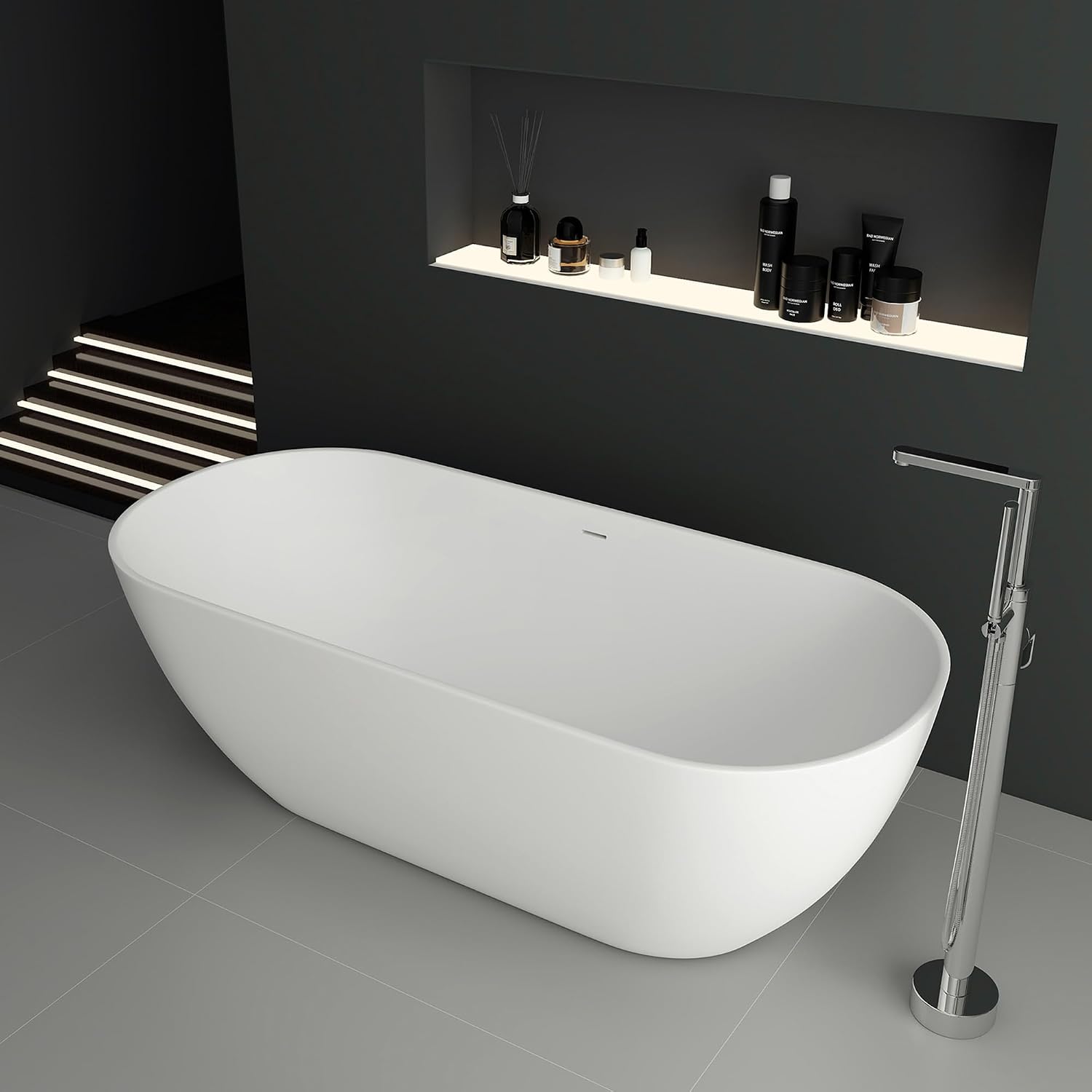 SJ STAR&JANE 69' Solid Surface Freestanding Bathtub, Matte White Oval Stone Resin Soaking Tub Stand Alone Tub with Overflow and Pop-up Drain for Modern Bathrooms