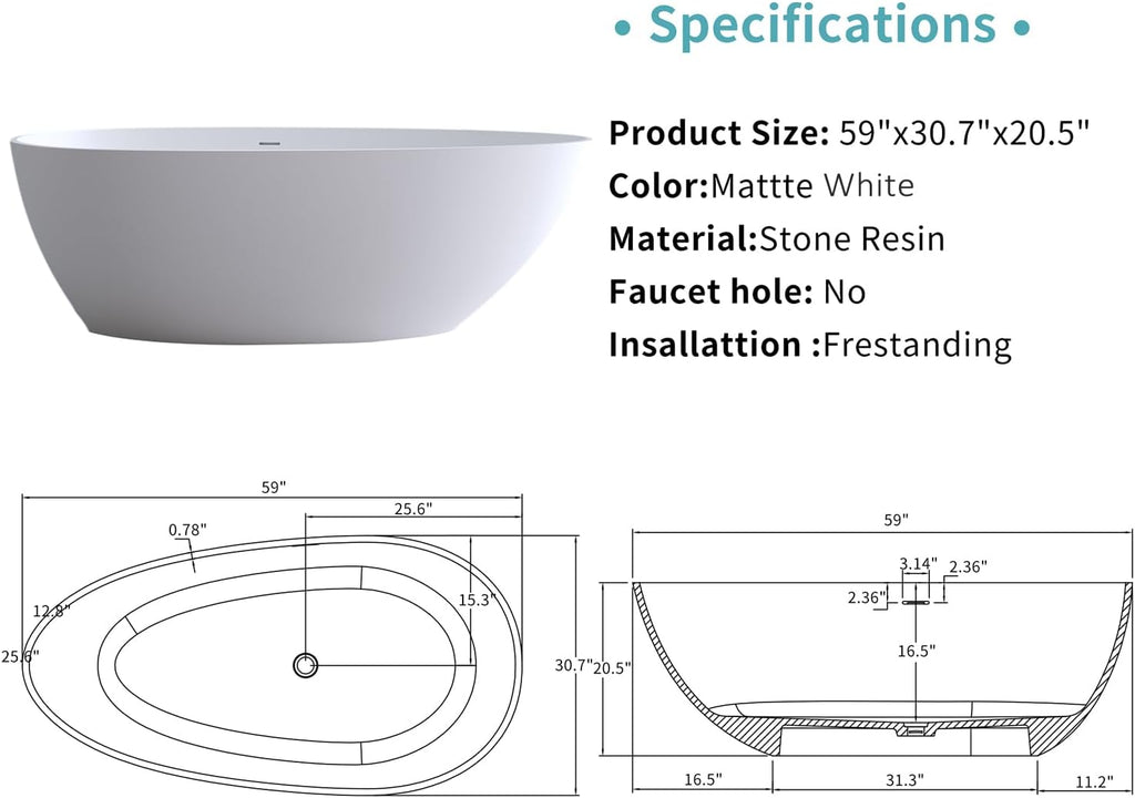 59' Stone Resin Freestanding Bathtub, Egg Shell Shaped Solid Surface Bathroom Freestanding Tubs, Stand Alone Soaking Tubs with Integrated Slotted Overflow and Drain, Matte White