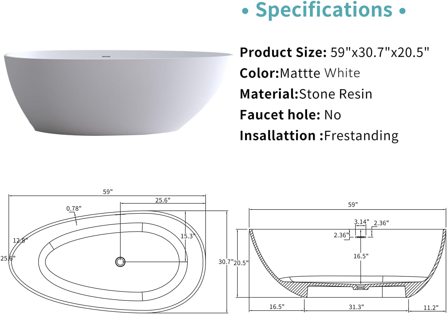 59' Stone Resin Freestanding Bathtub, Egg Shell Shaped Solid Surface Bathroom Freestanding Tubs, Stand Alone Soaking Tubs with Integrated Slotted Overflow and Drain, Matte White