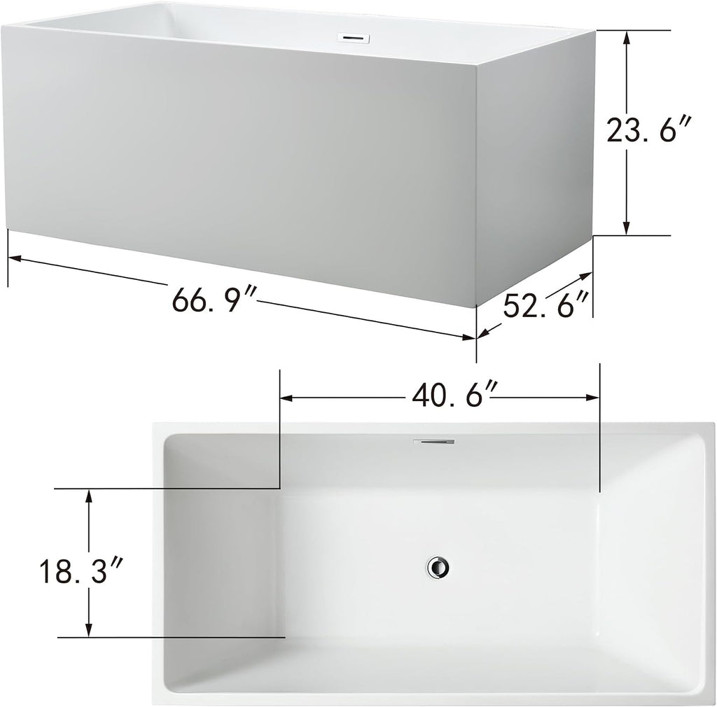 HomeBeyond 67 Inch Freestanding Tub | Acrylic Freestanding Bathtub, Square Flatbottom Freestanding Bathtub Stand Alone Tub with Pop-up Drain Overflow