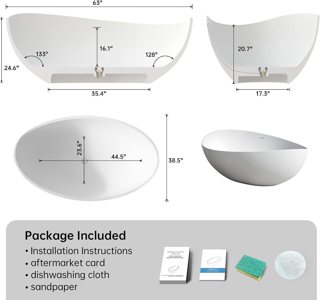 63' Wave Shape Freestanding Bathtub, Solid Surface Matte White | Modern Stand Alone Tub, Resin Stone, Overflow and Drain Saoking Bath Tub