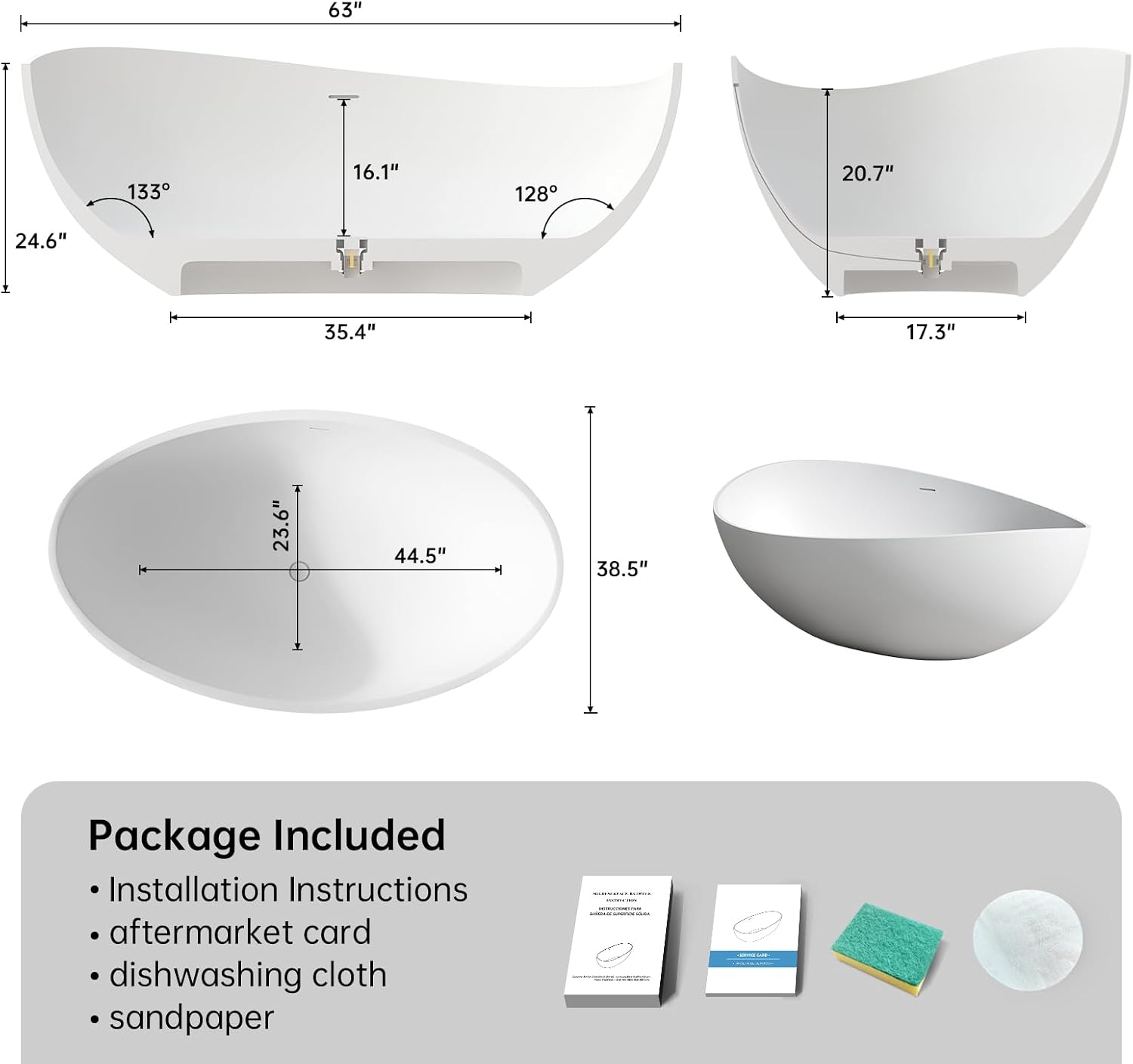 63' Wave Shape Freestanding Bathtub, Solid Surface Matte White | Modern Stand Alone Tub, Resin Stone, Overflow and Drain Saoking Bath Tub