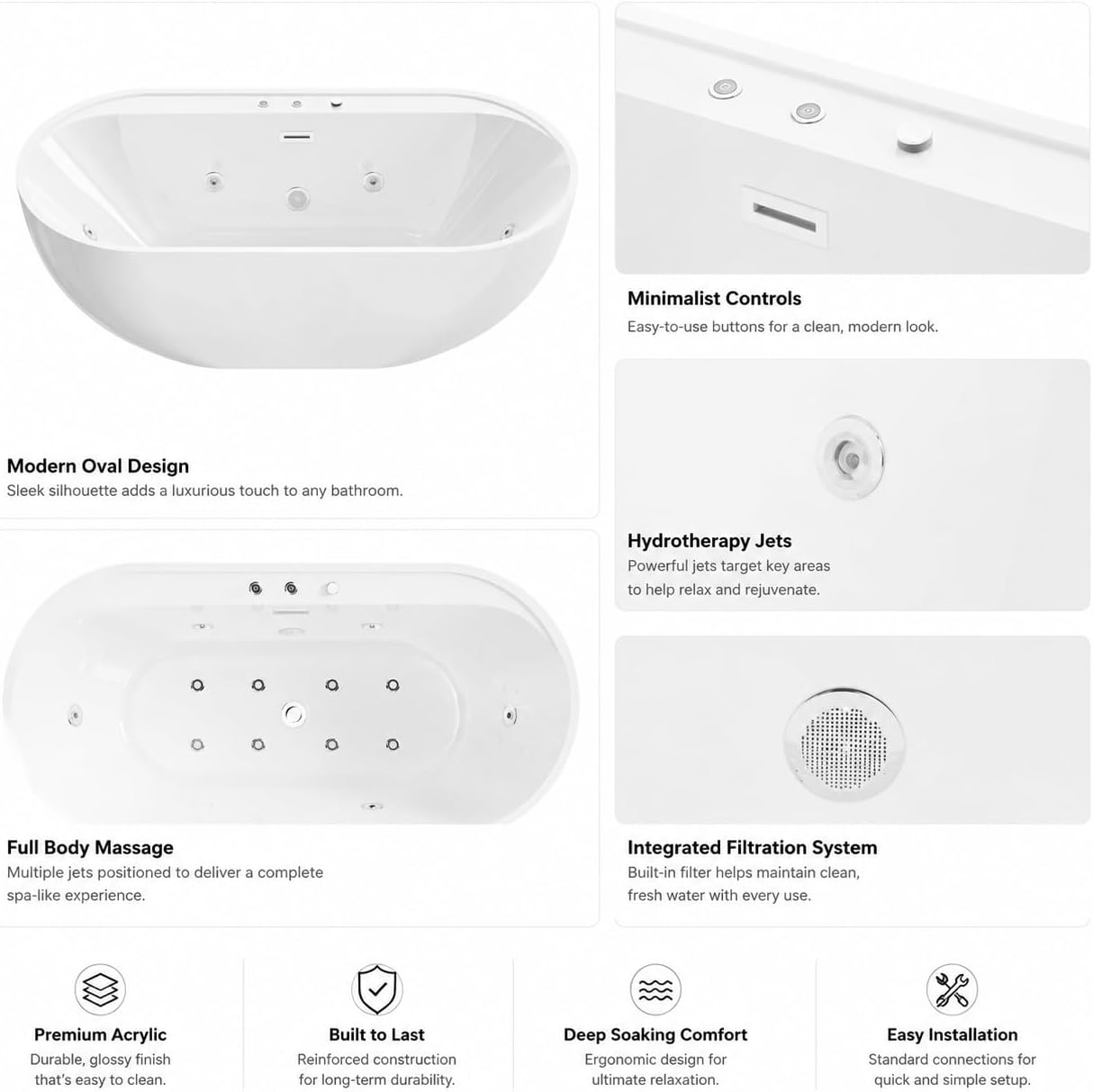 67x31.5 Inch Freestanding Jetted Whirlpool Bathtub | 6 Massage Jets, 8 Air Bubble System, Color-Changing LED Chromatherapy & Adjustable Hydro Massage (white-3)