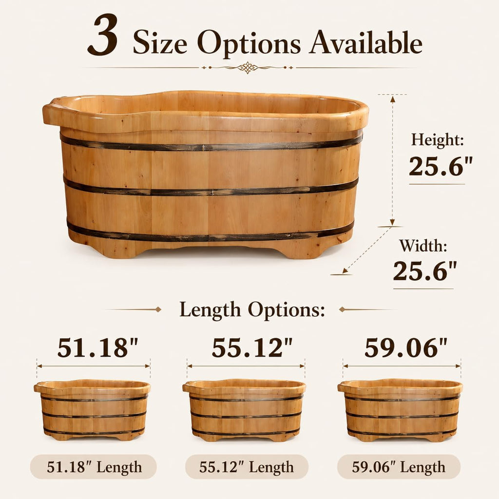 Premium Cedar Wood Freestanding Bath Tub, 51' 55' 59' Deep Soaking Tub with Solid Wood Construction & Drain Hose (59')