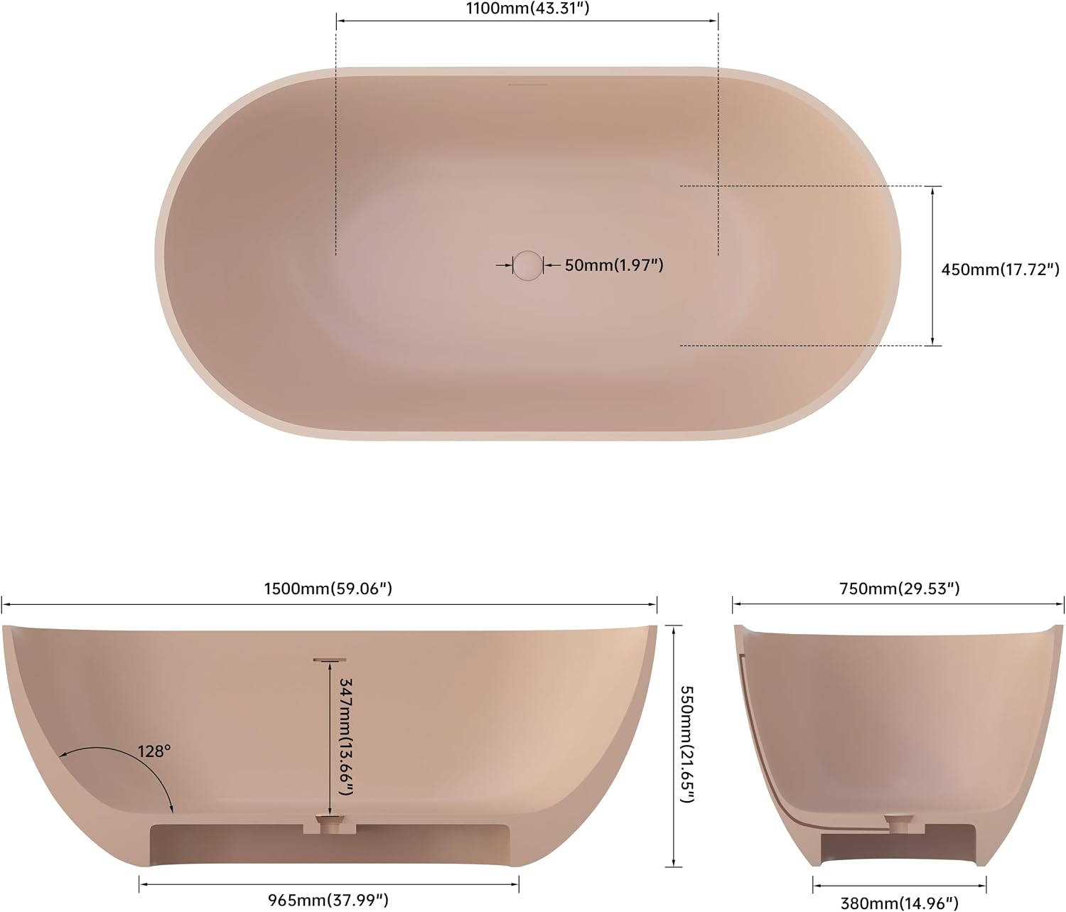 59' Resin Stone Free Standing Tub Bathtubs, Soaking Tub with Solid Surface, Bathroom Freestanding Bathtub with Overflow and Drain, Pink