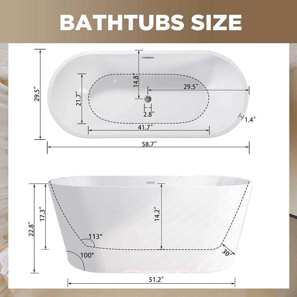 59' Oval Freestanding Soaking Bathtub with Toe-Tap Chrome Drain, Stand Alone Tub, Acrylic Soaking Tub, Ergonomic (Gloss White, 59')