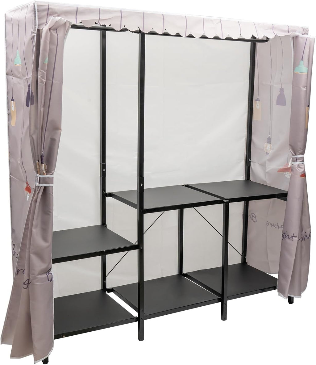 Free Standing Closet Organizer, Heavy Duty Wardrobe Closet Clothing Rack with Storage Shelvels, Carbon Steel & Oxford Cloth Cover, Dustproof, Storage Garment Rack for Bedroom, 600lbs (Black)