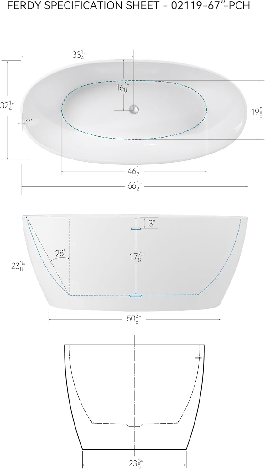 FerdY 67' Acrylic Freestanding Bathtub, Contemporary Soaking tub with Chrome Drain & Overflow, Elegant Oval Shape, cUPC Certified, Tahiti