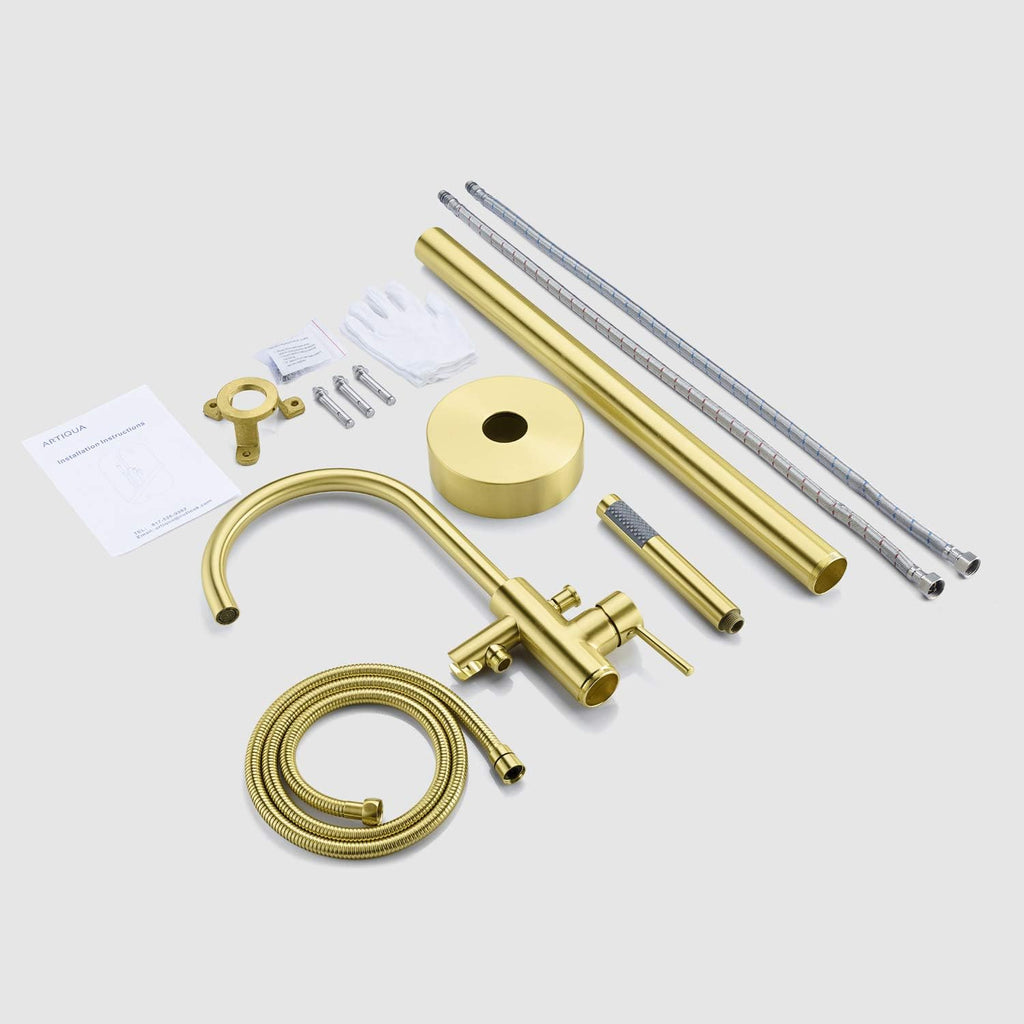 Freestanding Bathtub Faucet Tub Filler Brushed Gold Single Handle Floor Mounted Brass Faucets with Hand Shower