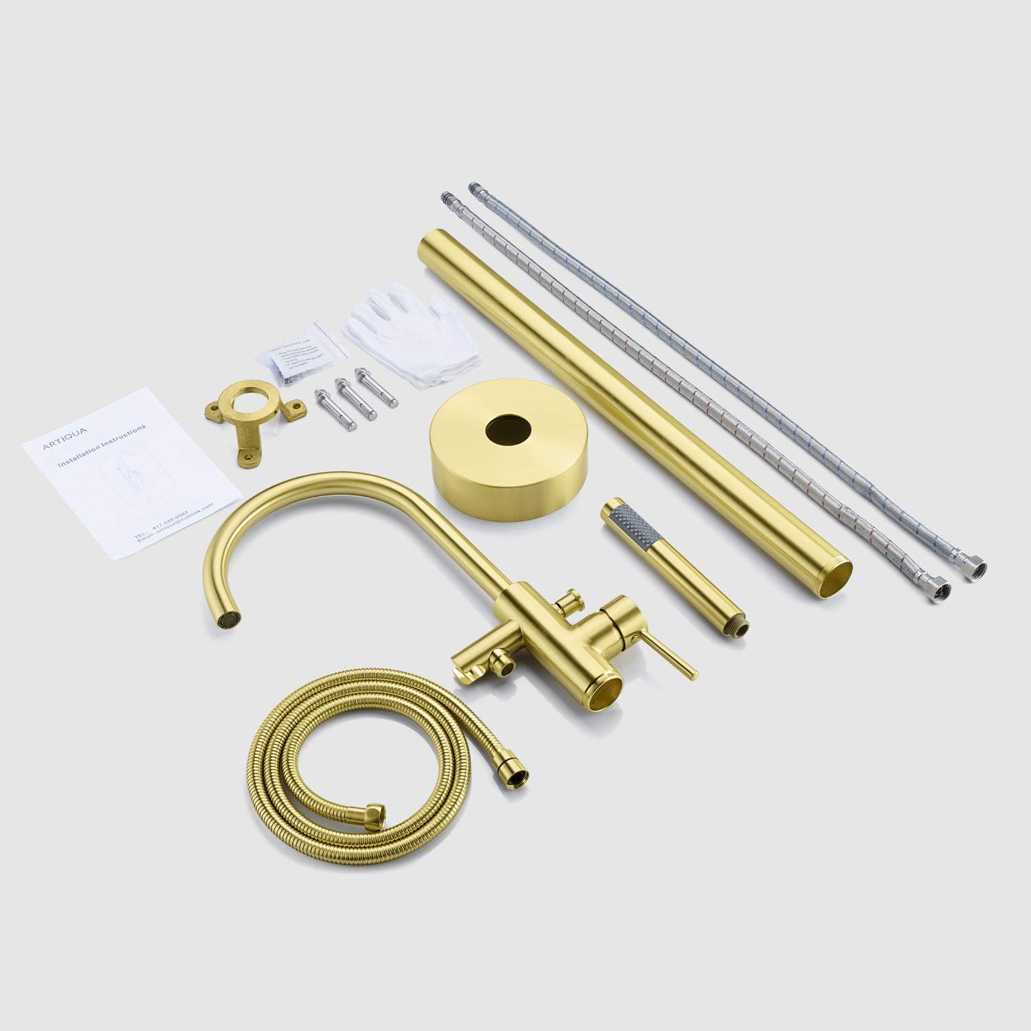 Freestanding Bathtub Faucet Tub Filler Brushed Gold Single Handle Floor Mounted Brass Faucets with Hand Shower