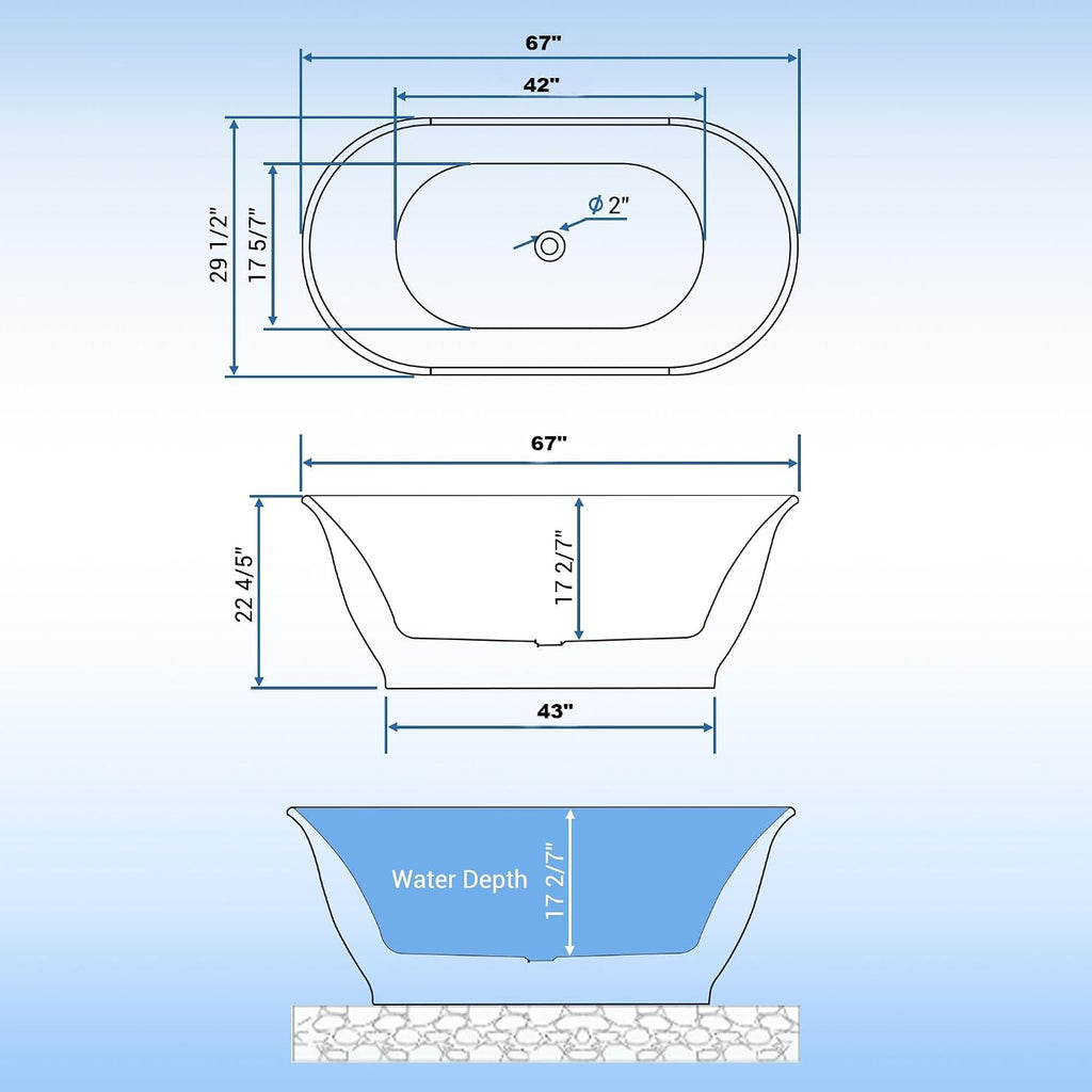GarveeTech 67 in Freestanding Acrylic Bathtub, Luxury Oval-Shaped Soaking Tub, Modern Stand Alone Bathtub with Chrome Drain, Chrome Overflow and Drainage Pipe, White