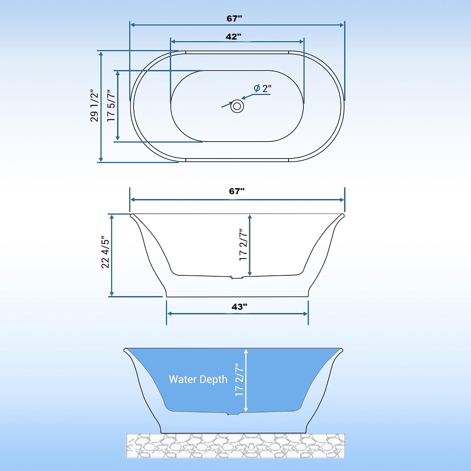 GarveeTech 67 in Freestanding Acrylic Bathtub, Luxury Oval-Shaped Soaking Tub, Modern Stand Alone Bathtub with Chrome Drain, Chrome Overflow and Drainage Pipe, White