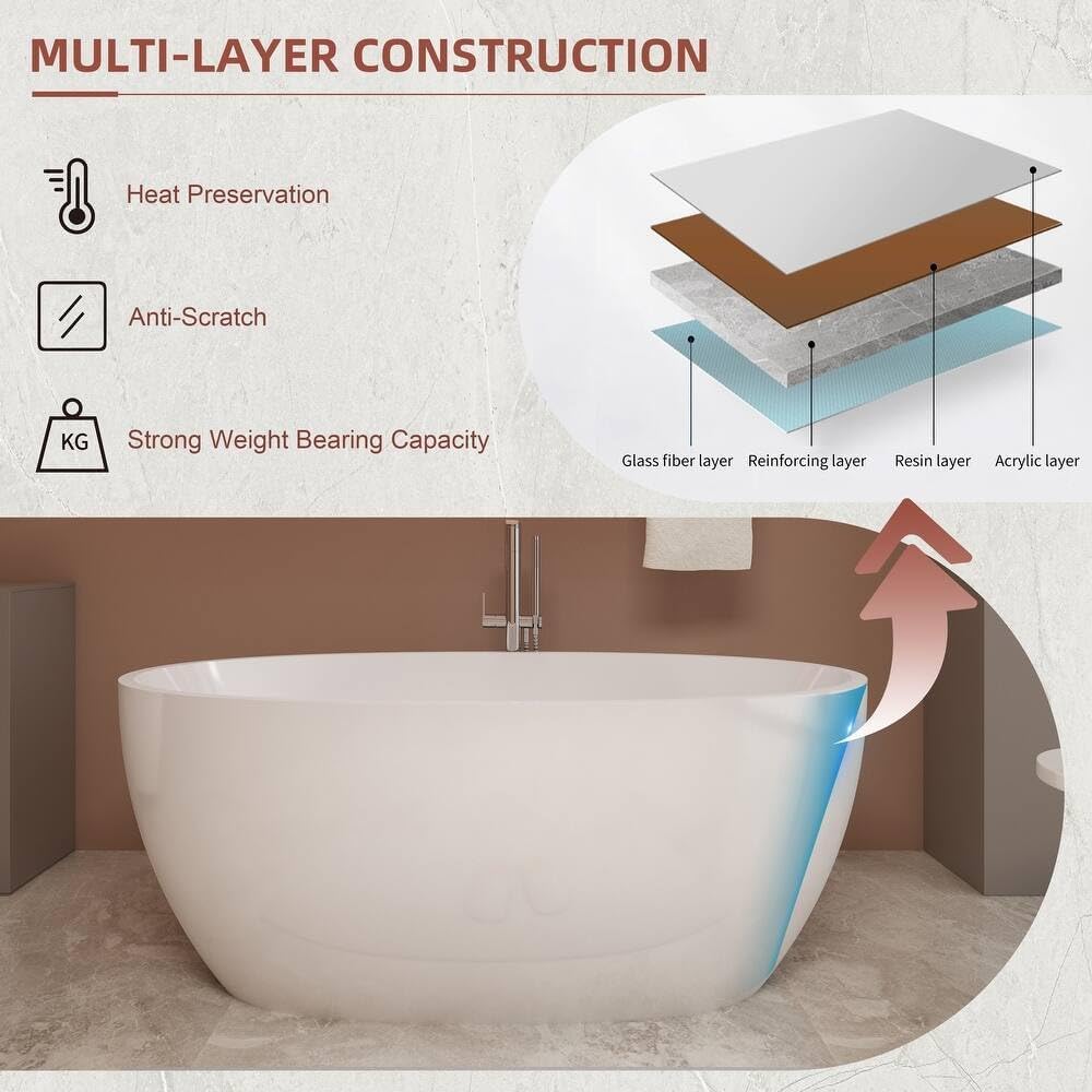 67 Inch Oval Large Soaking Bathtub, Luxury Acrylic Freestanding Stand Alone Tubs with Overflow & Chrome Drain for Bathroom Spa, Glossy White, 67''x28''