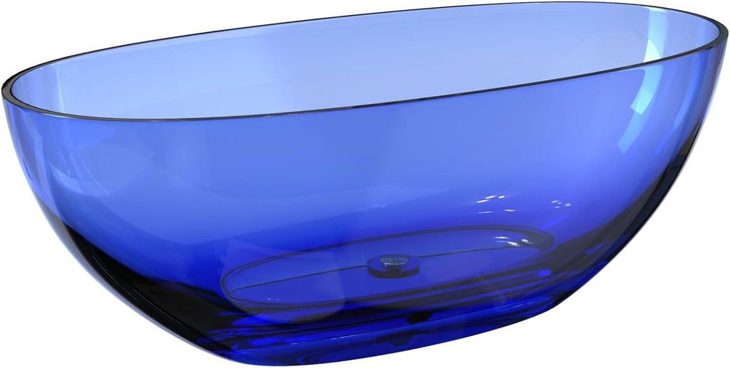 Stone Resin Freestanding Bathtub 61', Elegant Oval Shape Soaking Tub, Solid Surface Stand Alone Bathtub with Drain & Integrated Slotted Overflow Transparent Blue AMFS303-1550-TPBLUE