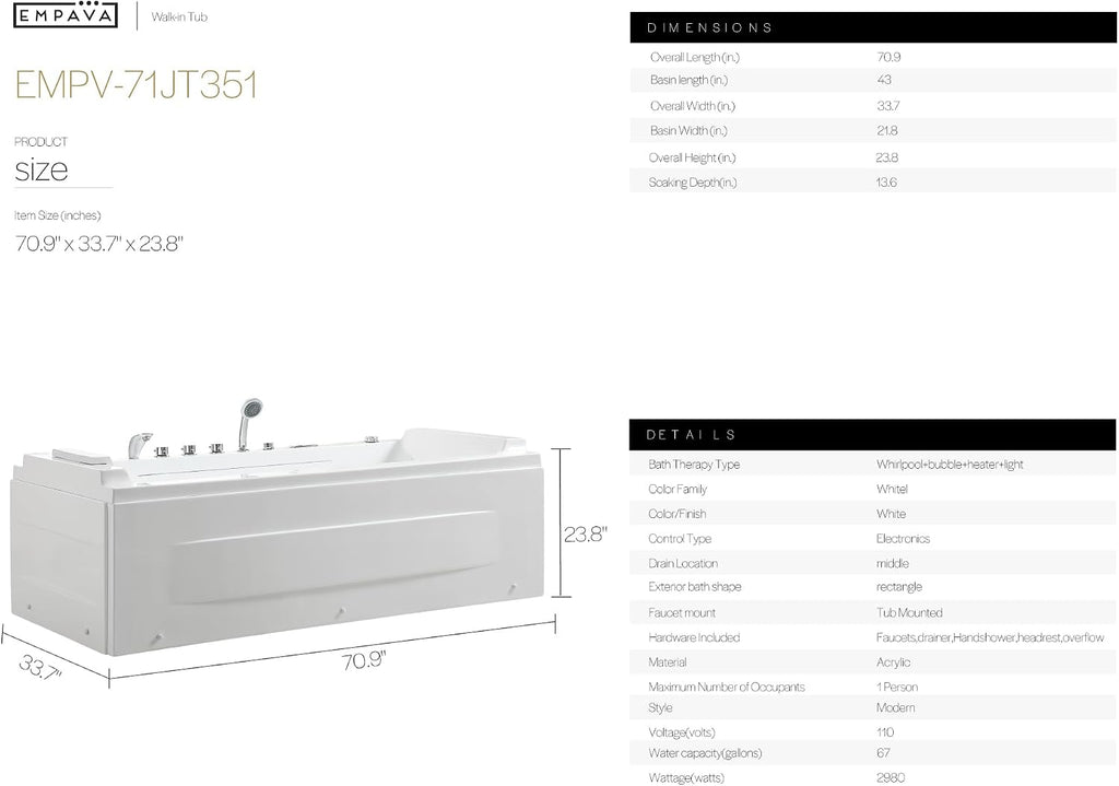 Empava Acrylic Whirlpool Bathtub, 71-Inch Jetted Bathtub with Healing Chromotherapy, Heated Soaking Tub with LED Control Panel, Comforting Hydro Massage Tub with Waterfall Joy, Black Pillow