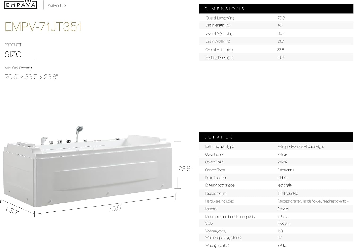 Empava Acrylic Whirlpool Bathtub, 71-Inch Jetted Bathtub with Healing Chromotherapy, Heated Soaking Tub with LED Control Panel, Comforting Hydro Massage Tub with Waterfall Joy, Black Pillow