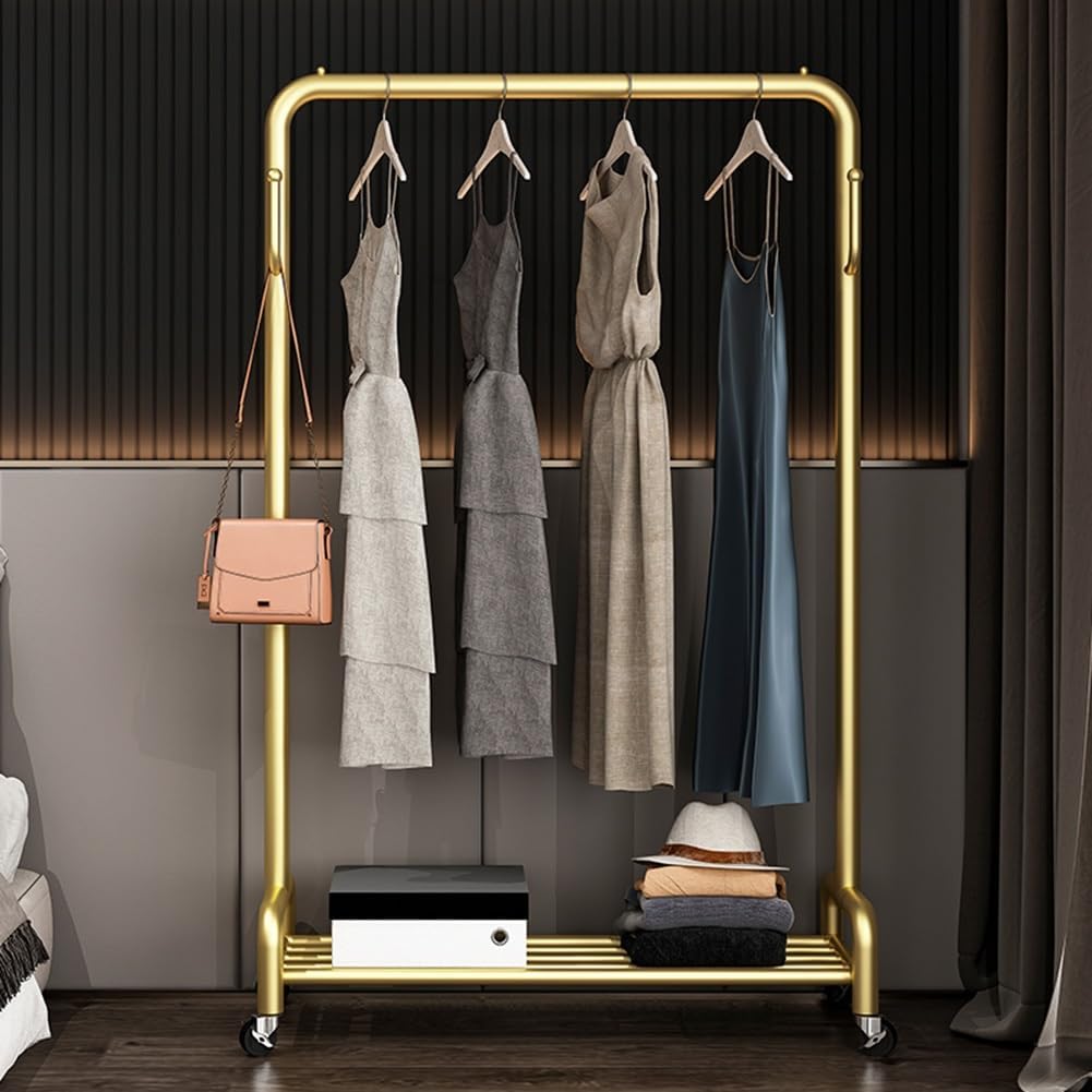 Rolling Clothes Rail with Hooks and Storage Shelf, Freestanding Clothing Garment Rack with Wheels, Clothes Organizer for Bedroom, Laundry Room (Color : Gold, Size : 80x40x130cm)