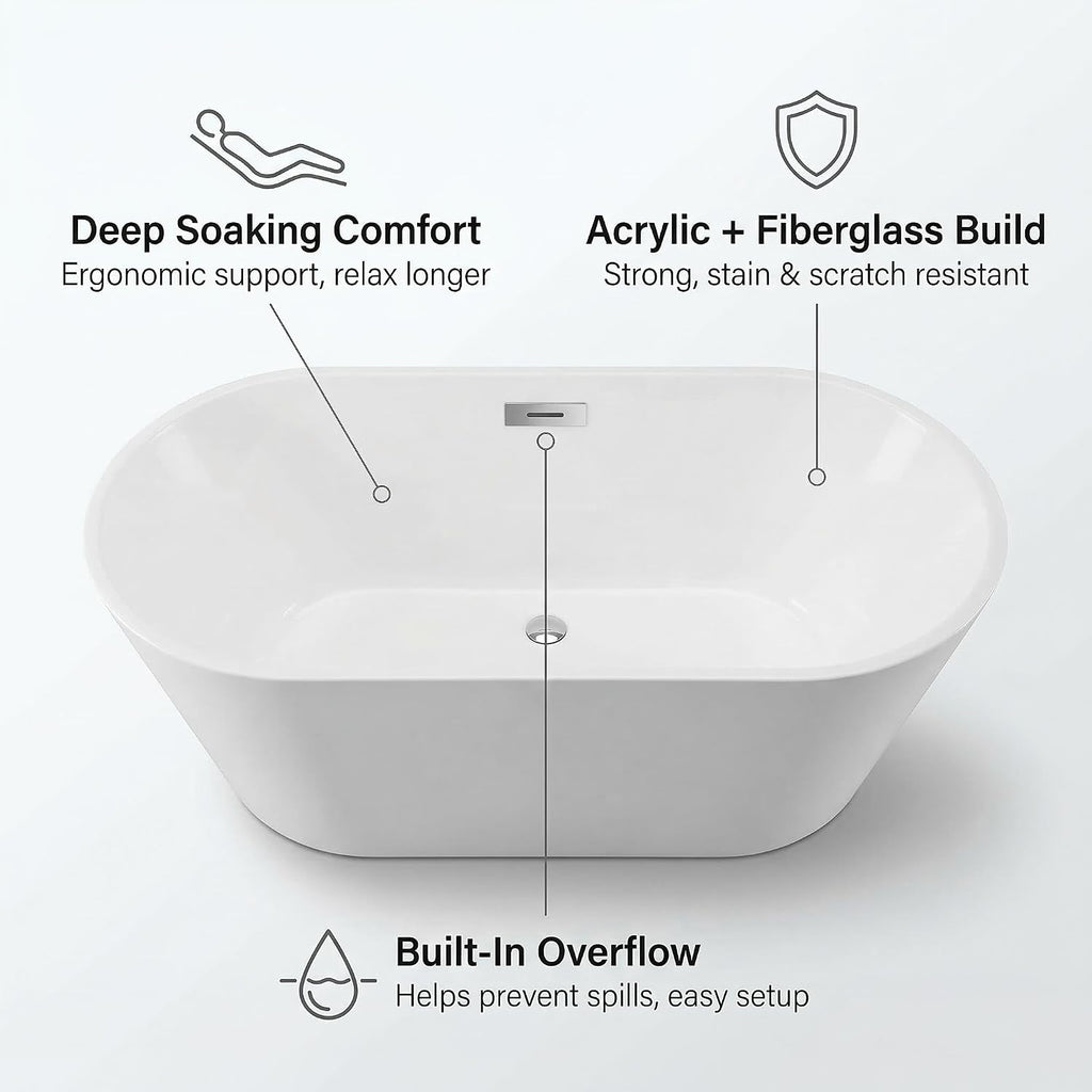 67' Free Standing Tub, Acrylic Soaking Bathtub, Stand Alone Freestanding Tub with Matte Sliver Drain and Overflow, Contemporary Bathtub for Bathroom, Burnish White