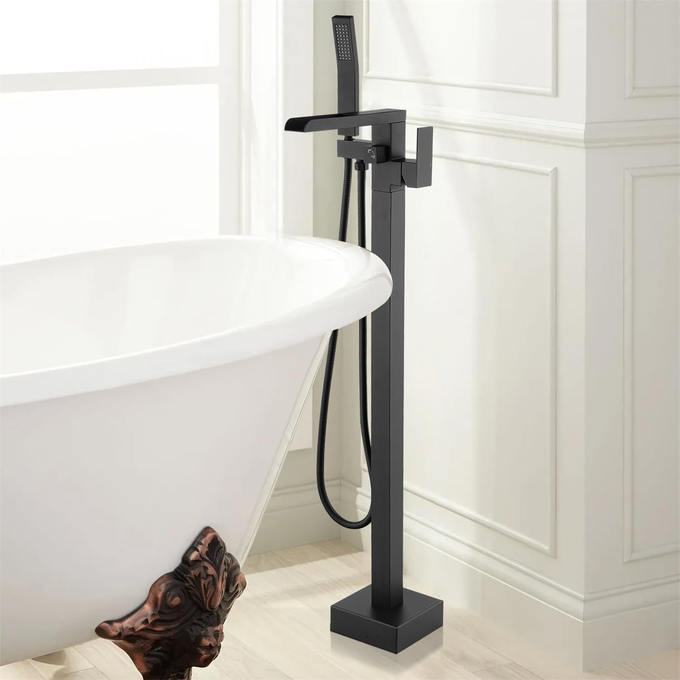 WELLFOR Floor Mount Tub Faucet with Hand Shower 1-handle Freestanding Bathtub Filler Single Handle Show Faucet, High flow 6GPM, Solid Brass Mounting Bracket Shower Faucet Kit, Matte Black